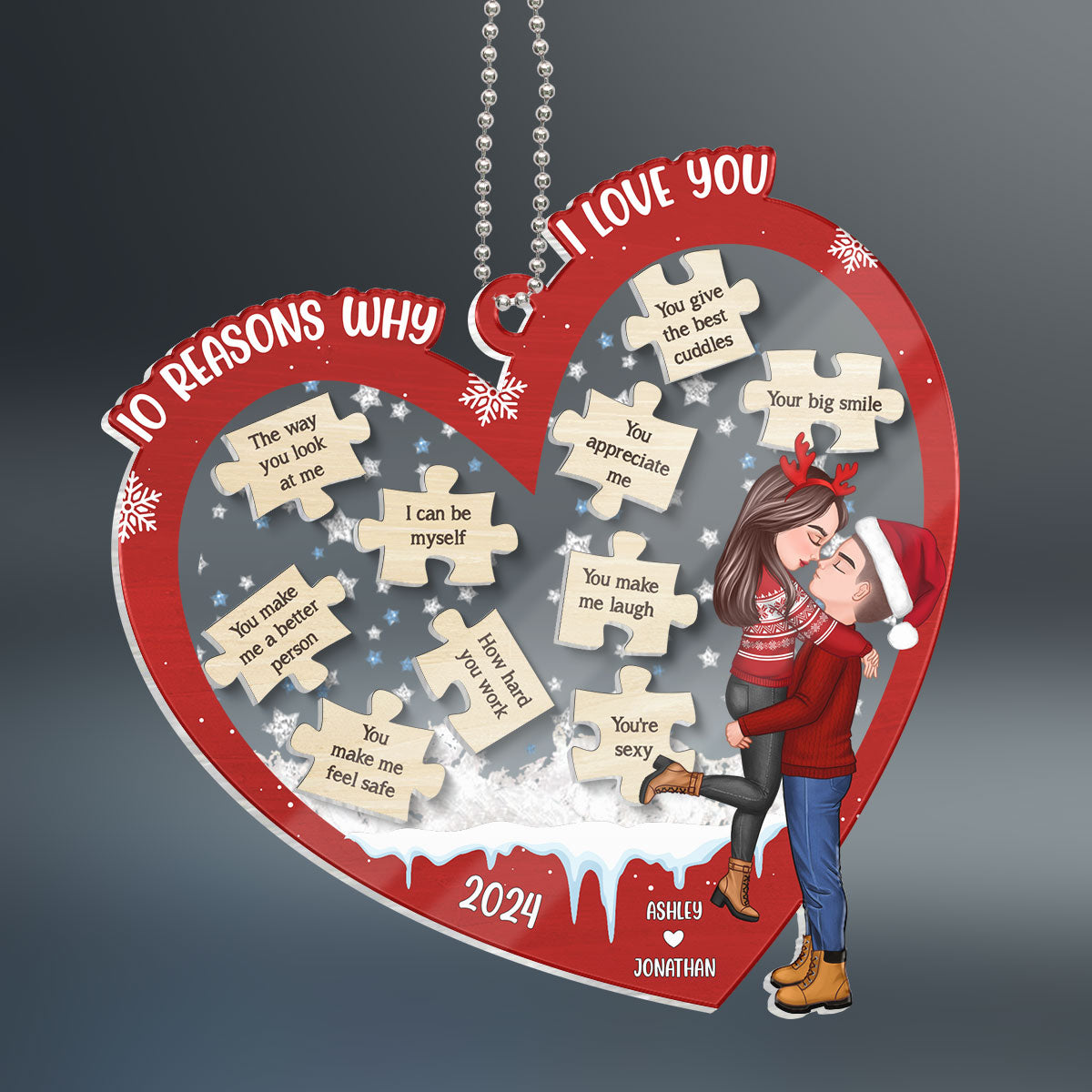 Reasons Why I Love You Christmas Couple Hugging Kissing Personalized Shaker Ornament, Christmas Gift For Her, For Him