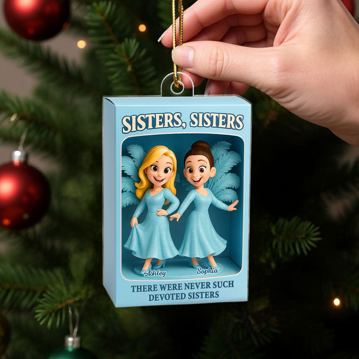 Sisters Besties in Blue Dress Custom Name Toy Box Figure Style Personalized Acrylic Ornament