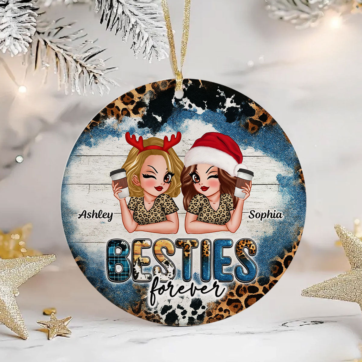 Besties Forever Western Christmas Personalized Ceramic Ornament, Christmas Gift for Best Friends, Sisters