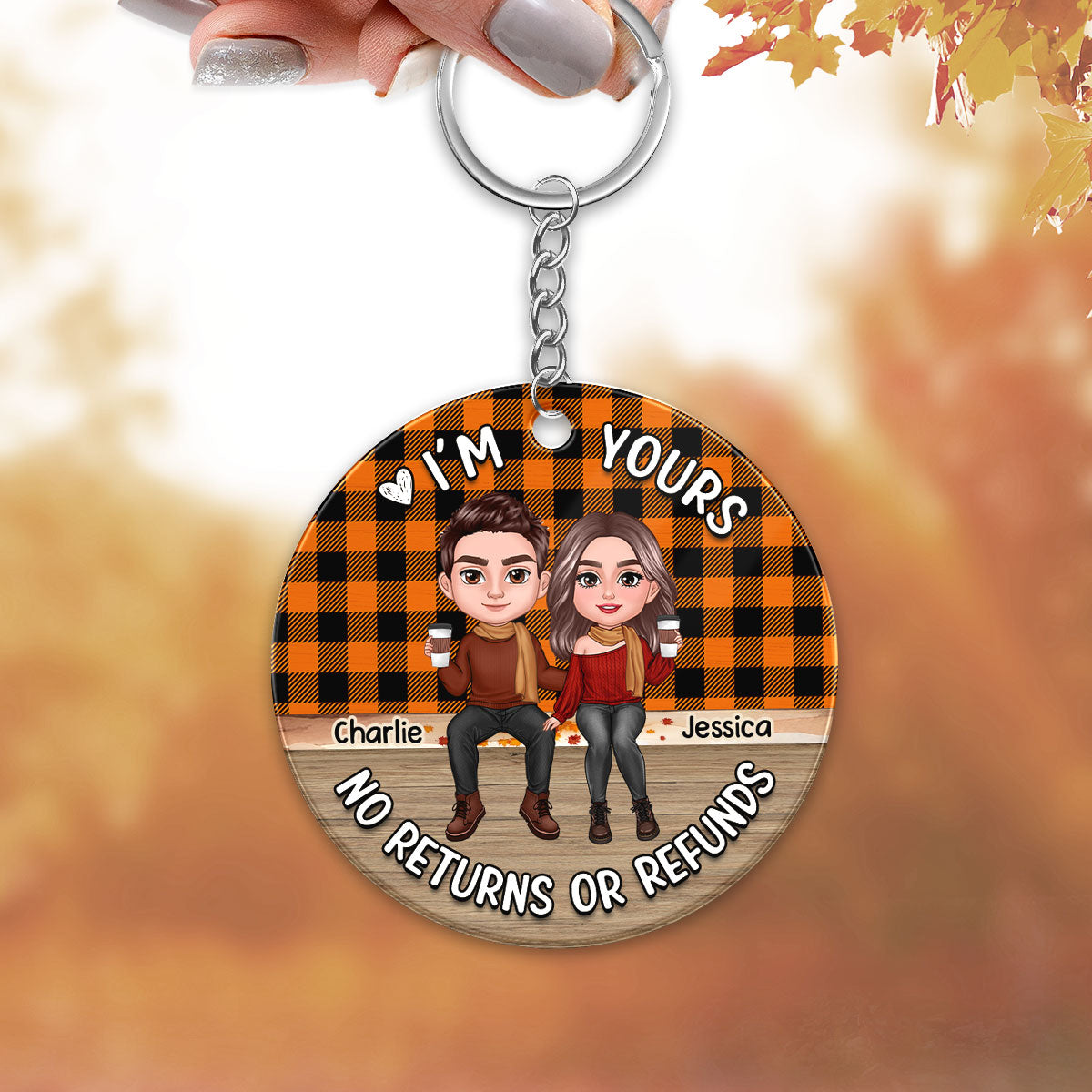 Fall Season Checkered Pattern Couple Sitting Personalized Acrylic Keychain