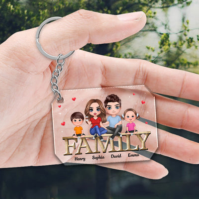 Family Couple Kid Dog Cat Sitting On Word Personalized Acrylic Keychain