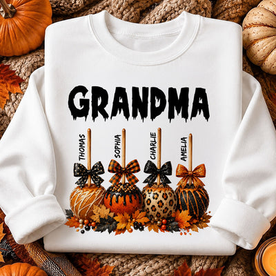 Trending Fall Season Halloween Grandma Fall Caramel Apples Custom Kids Names - Personalized Shirt - Fall Halloween Shirt For Grandma
