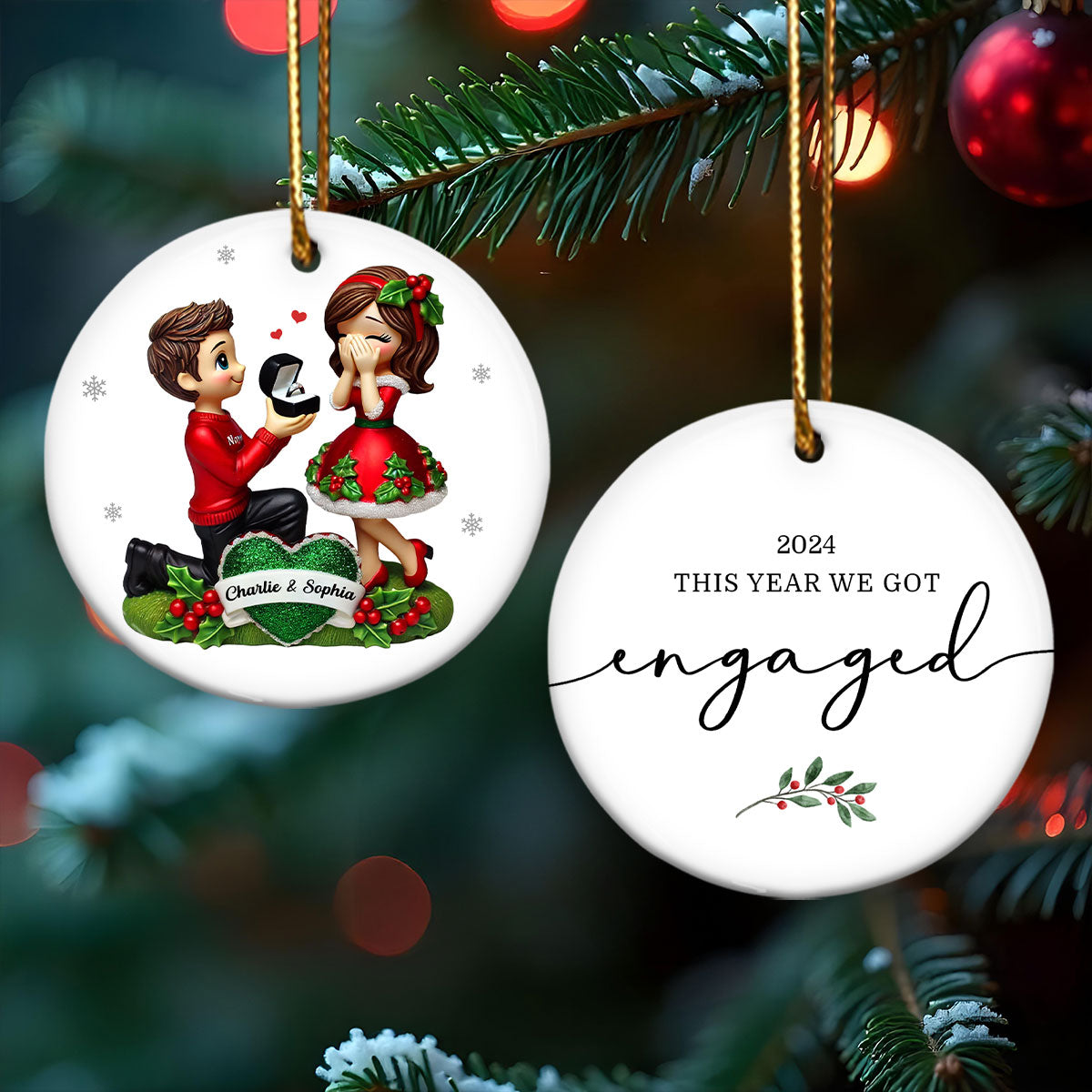 This Year We Got Engaged Personalized Ceramic Ornament, Custom Just Engaged Gifts for Couples