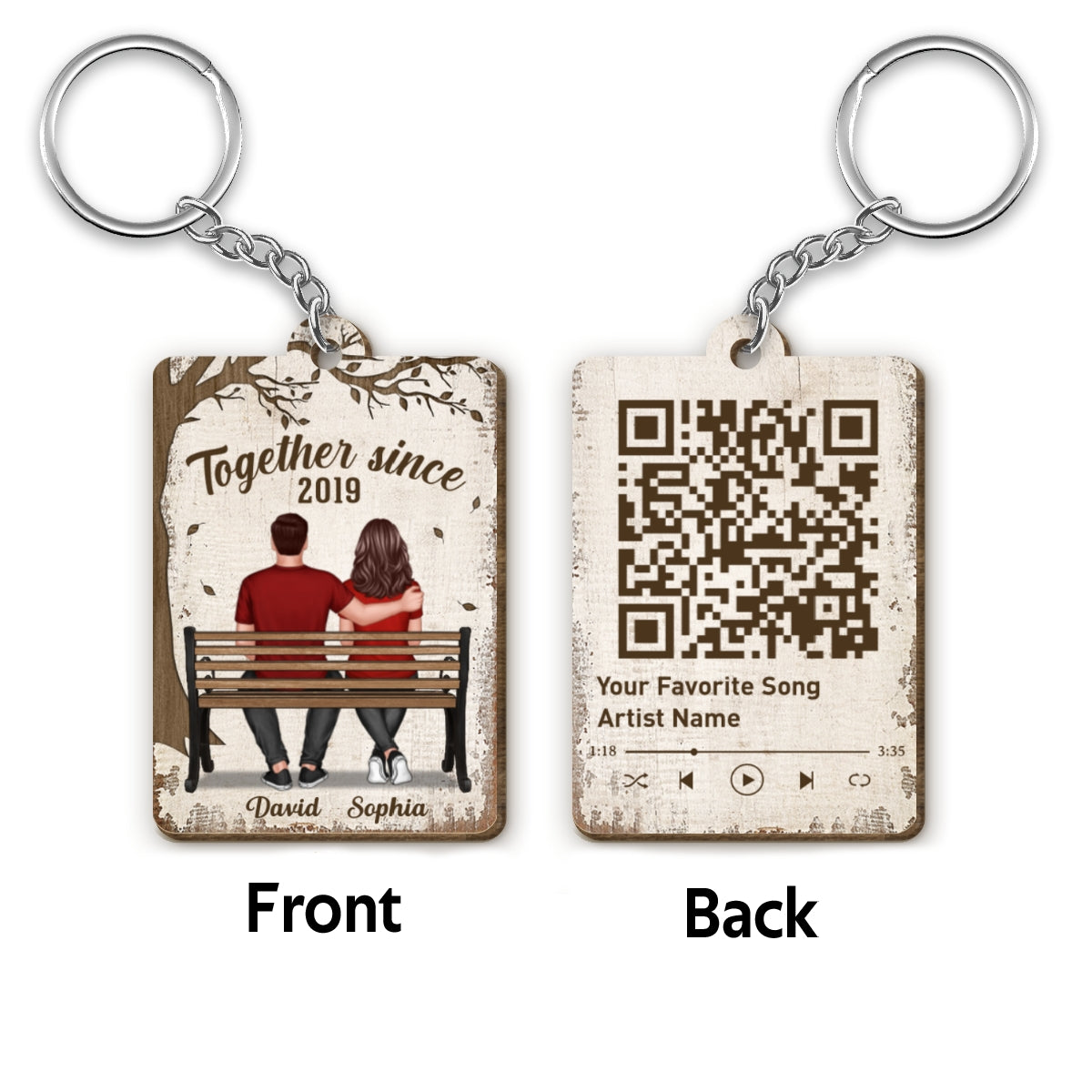 Couple Sitting On Bench Under Tree Favorite Song QR Code Personalized Wooden Keychain