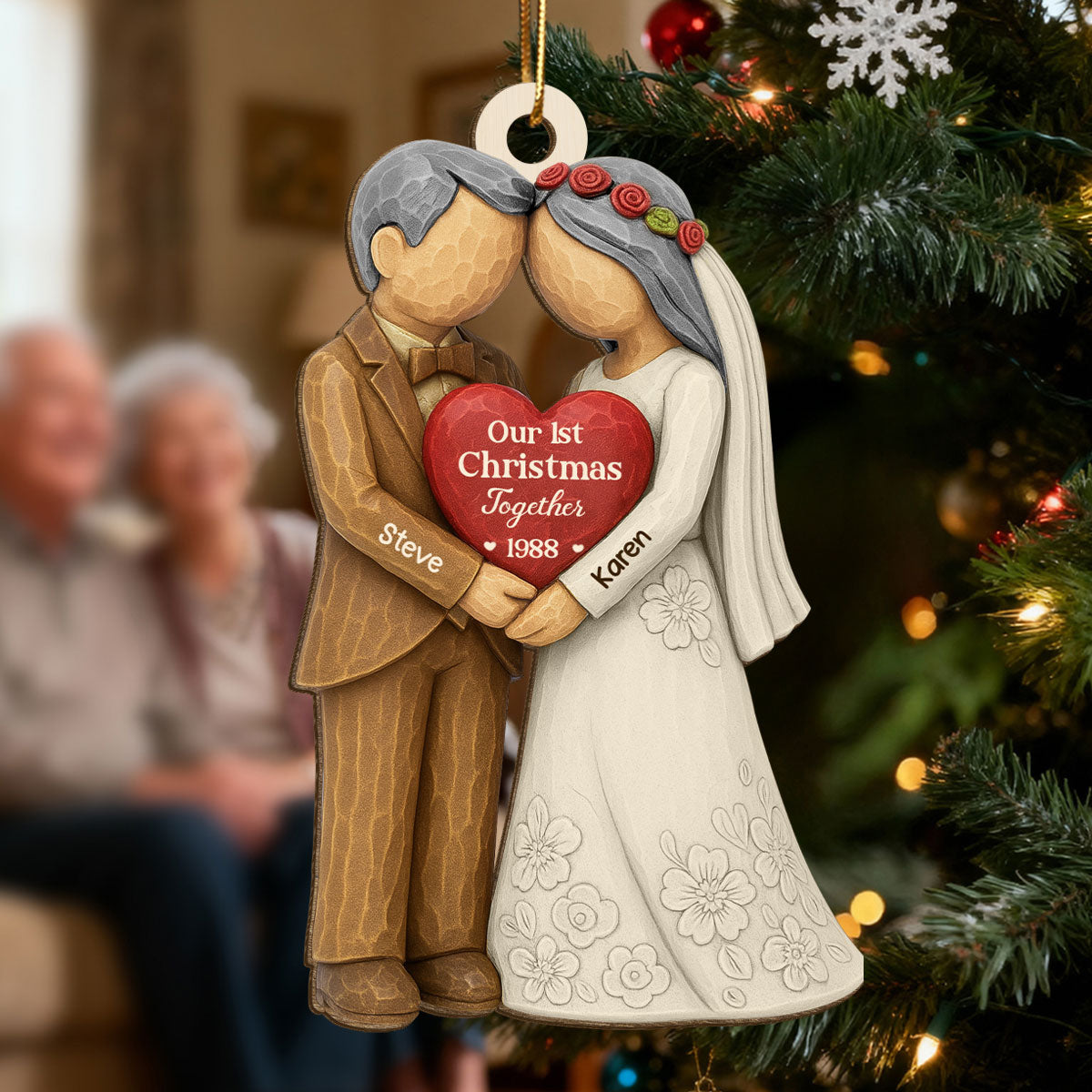 3D Effect First Christmas Married Engaged Couple - Personalized Wooden Ornament - Christmas Gift for her, for him, Newlyweds Gift