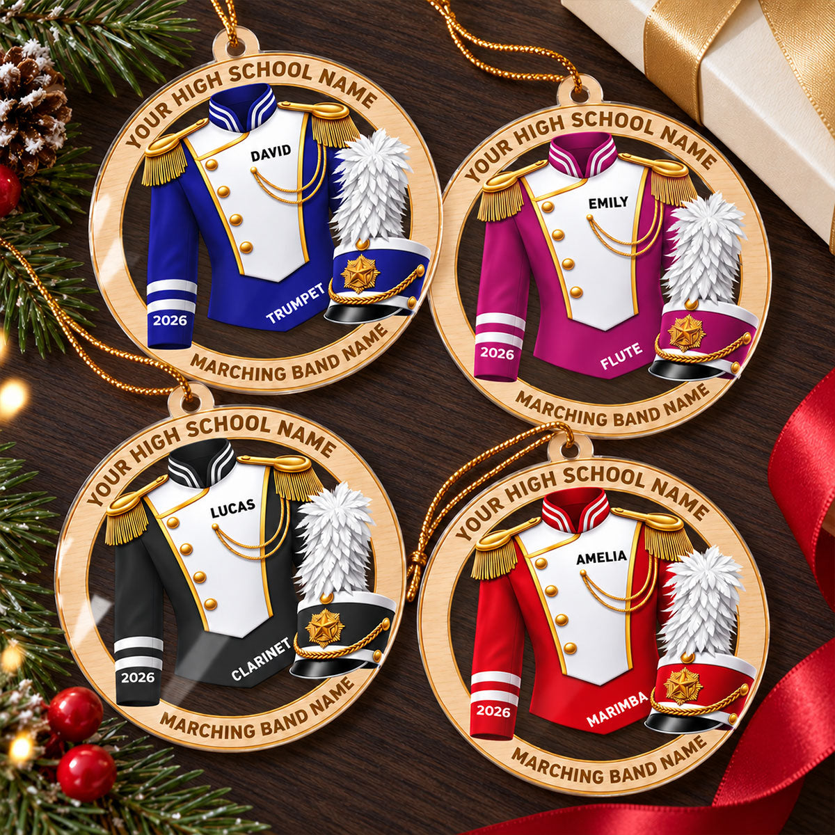Custom Marching Band Uniform Trombone - Personalized Acrylic Ornament - High School Band Instrument Senior Gift, Christmas Gift for Daughter, Son