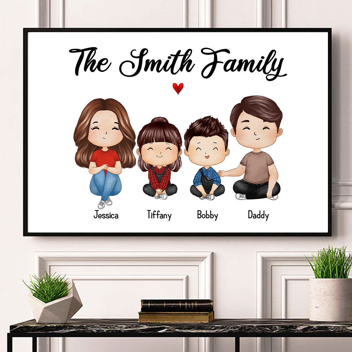 Whole Doll Family Sitting Couple Dad Mom Kids Dogs Cats Watercolor Style Personalized Horizontal Poster