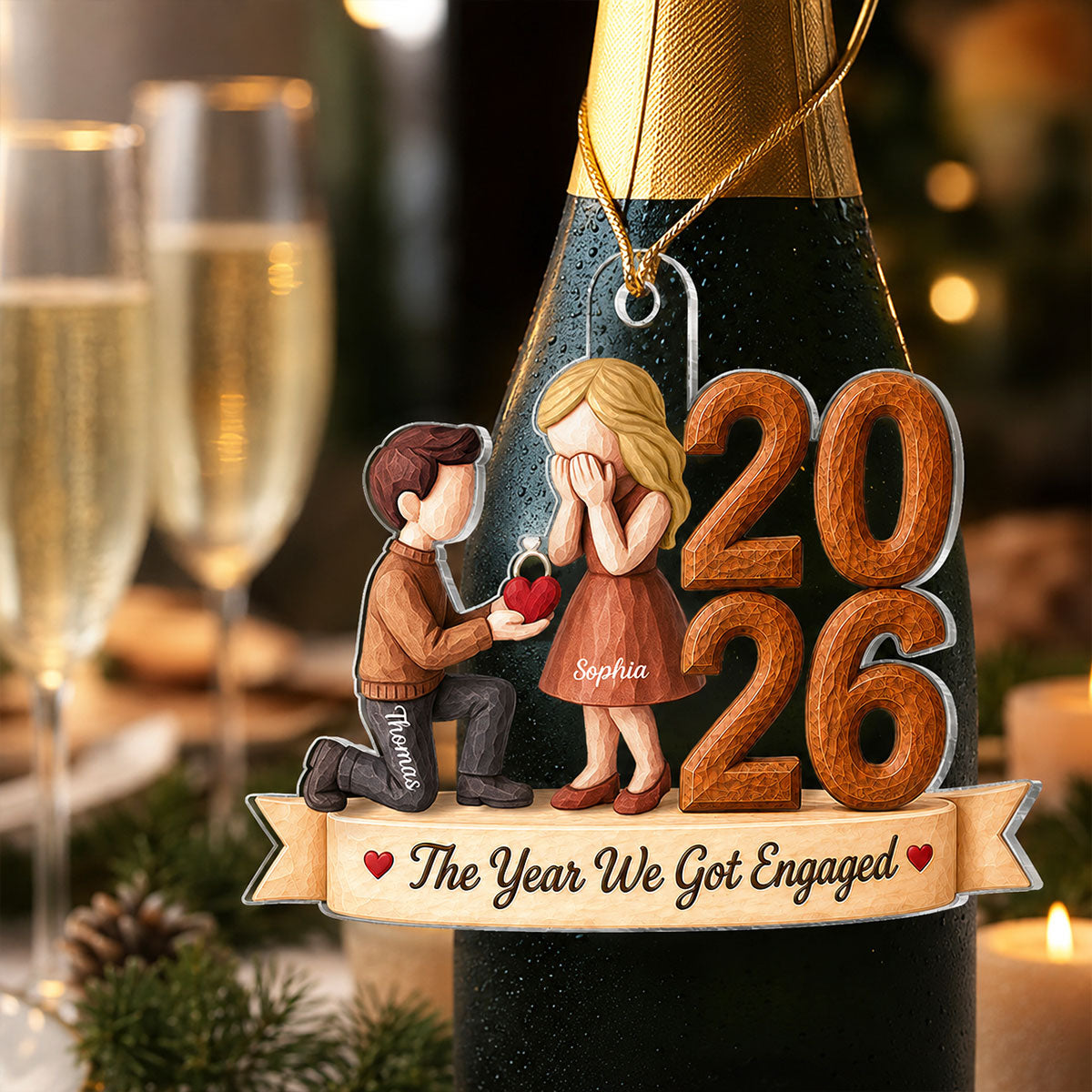 The Year We Got Engaged 2026 Proposal Couple 2D Wooden Effect – Personalized Acrylic Ornament – Engagement Keepsake