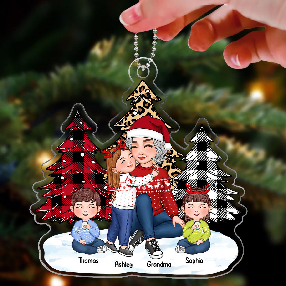 Leopard Checkered Pattern Christmas Tree Cute Grandma Grandkids Personalized Acrylic Ornament