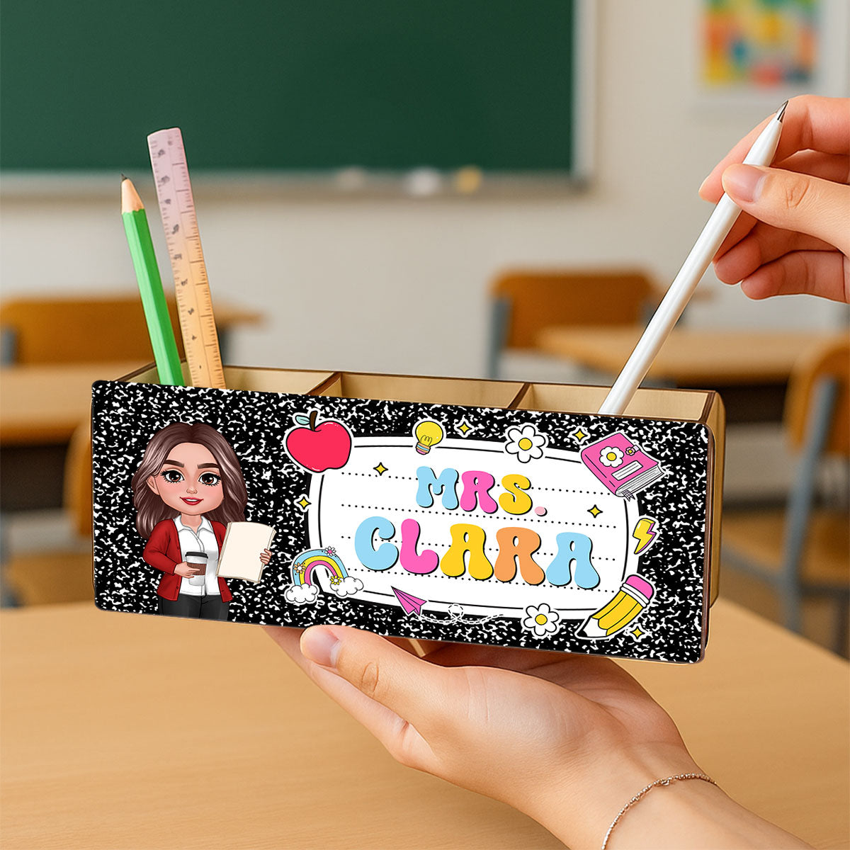Teacher Composition Book Pattern Personalized Pencil Holder, Back To School Gift