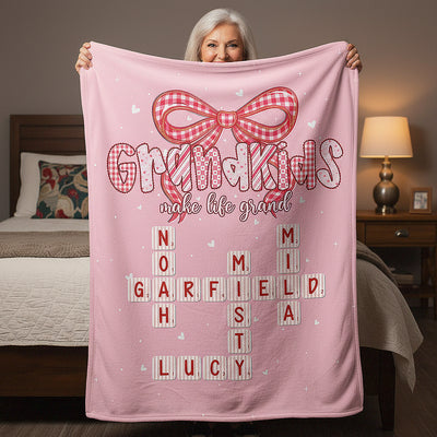 Grandkids Make Life Grand Preppy Valentine Pattern Crossword Puzzle Art - Personalized Fleece Blanket - Valentine's Day Gift For Grandma