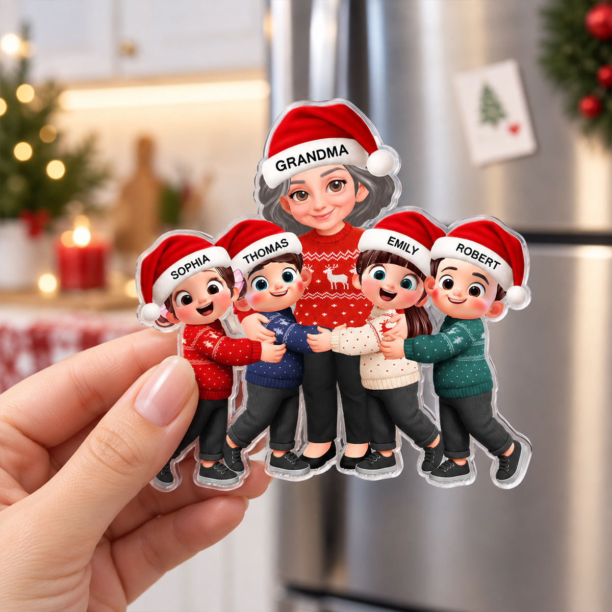 Endless Love Christmas Grandma Hugging Grandkids - Personalized Acrylic Fridge Magnet - Gift For Grandma, Grandkids
