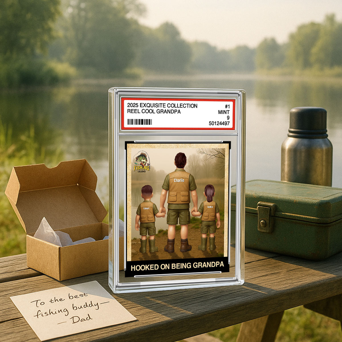Fishing No. 1 Grandpa Dad Man & Kids Trading Card Style Personalized Acrylic Block Plaque