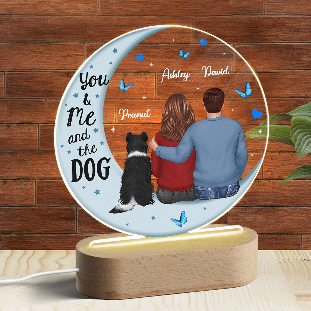 Couple And Dog Blue Moon Personalized Circle Plaque LED Night Light - Acrylic LED Lamp - Valentine‘s Day Gift For Him, Gift For Her