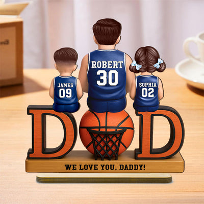 Basketball Dad And Kids Sitting Personalized 2-Layer Standing Wooden Plaque, Father's Day Gift for Dads