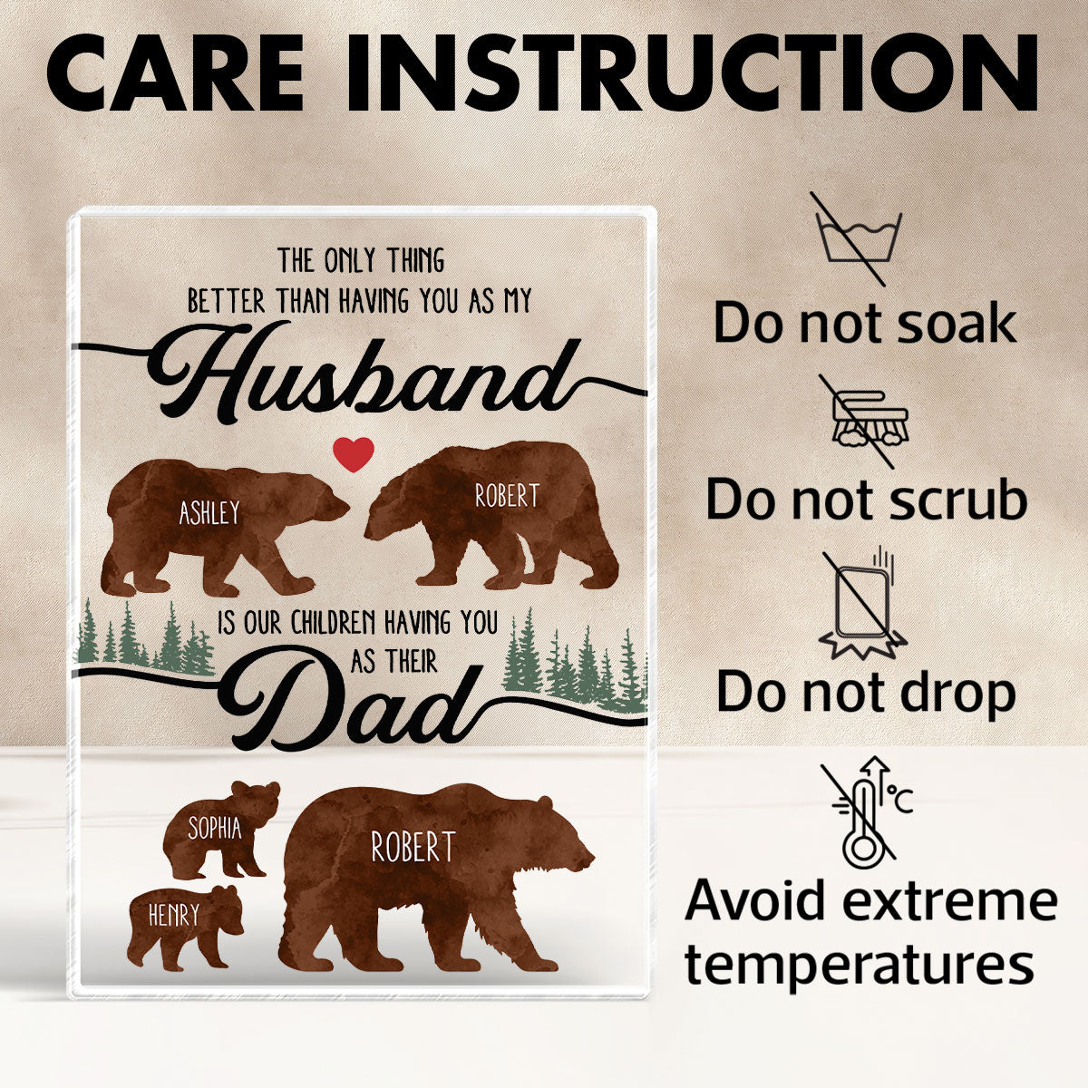 Bear Family Personalized Acrylic Block, Father's Day gift for Husband