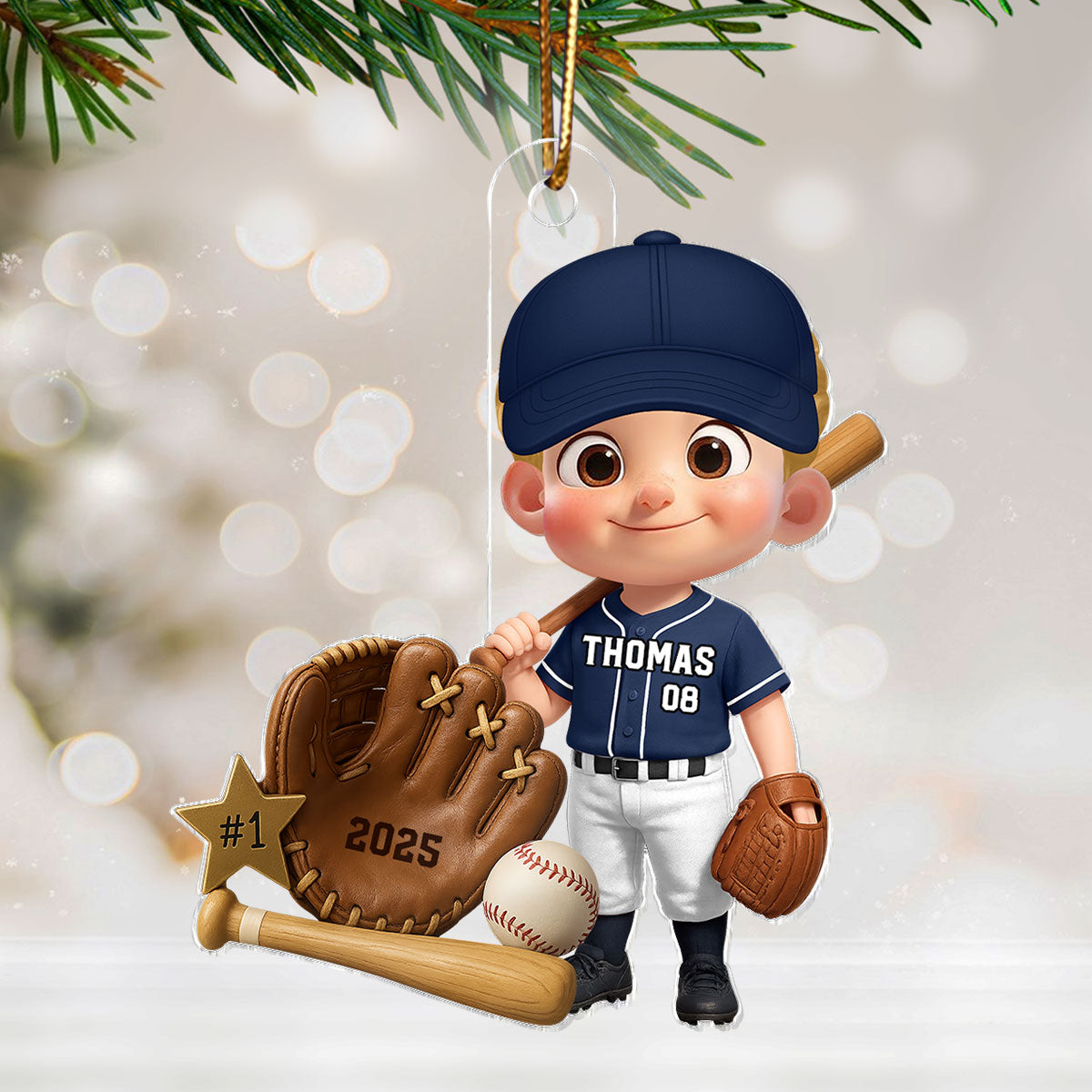 Baseball Player With Baseball Mitt Bat Ball - Personalized Acrylic Ornament - Gift For Kids, Grandkids