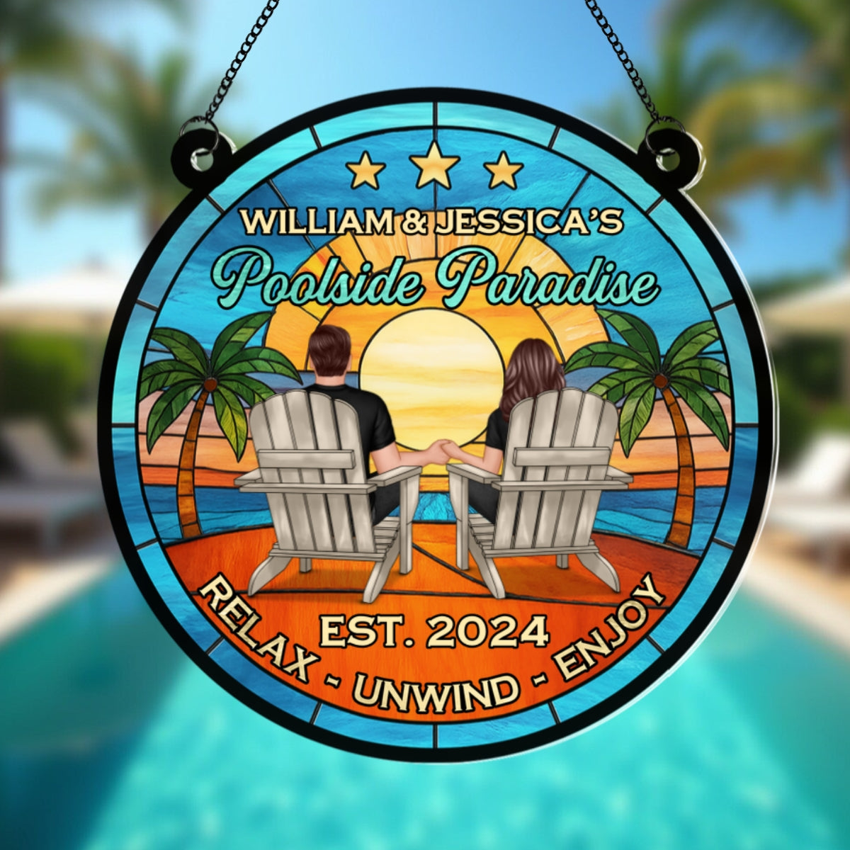Couple Poolside Backyard Paradise Personalized Acrylic Suncatcher