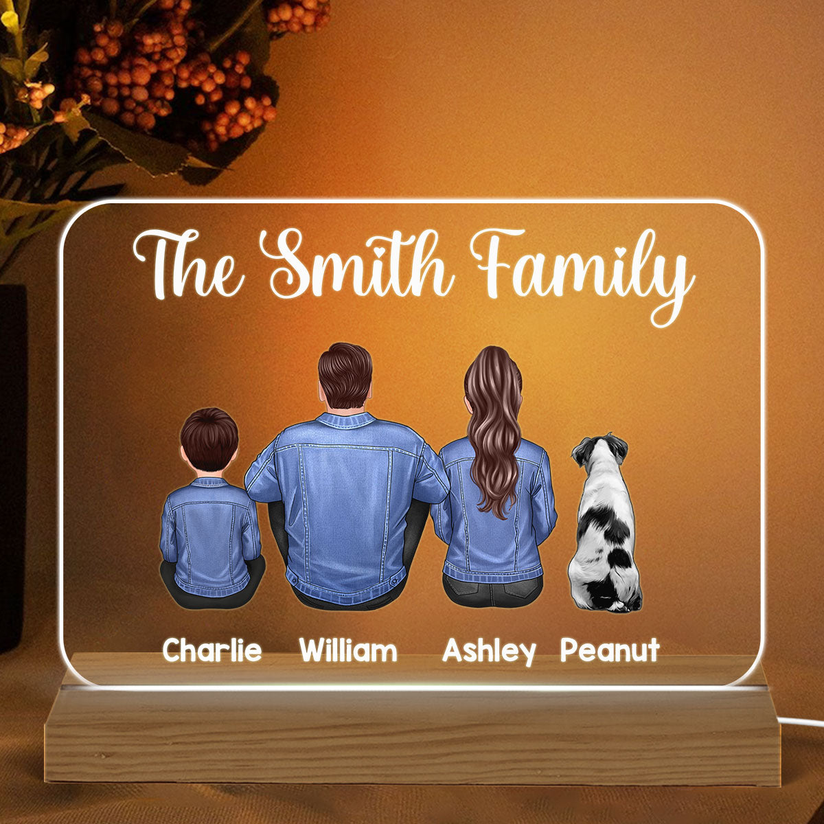 Denim Jacket Sitting Back View Family Personalized Warm Acrylic Custom Shape LED Night Light