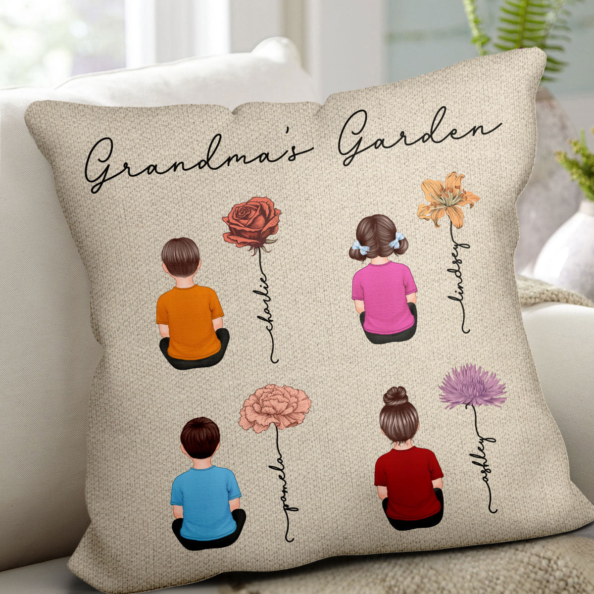 Grandkids Sitting Grandma Garden Vintage Birth Month Flowers Personalized Pillow