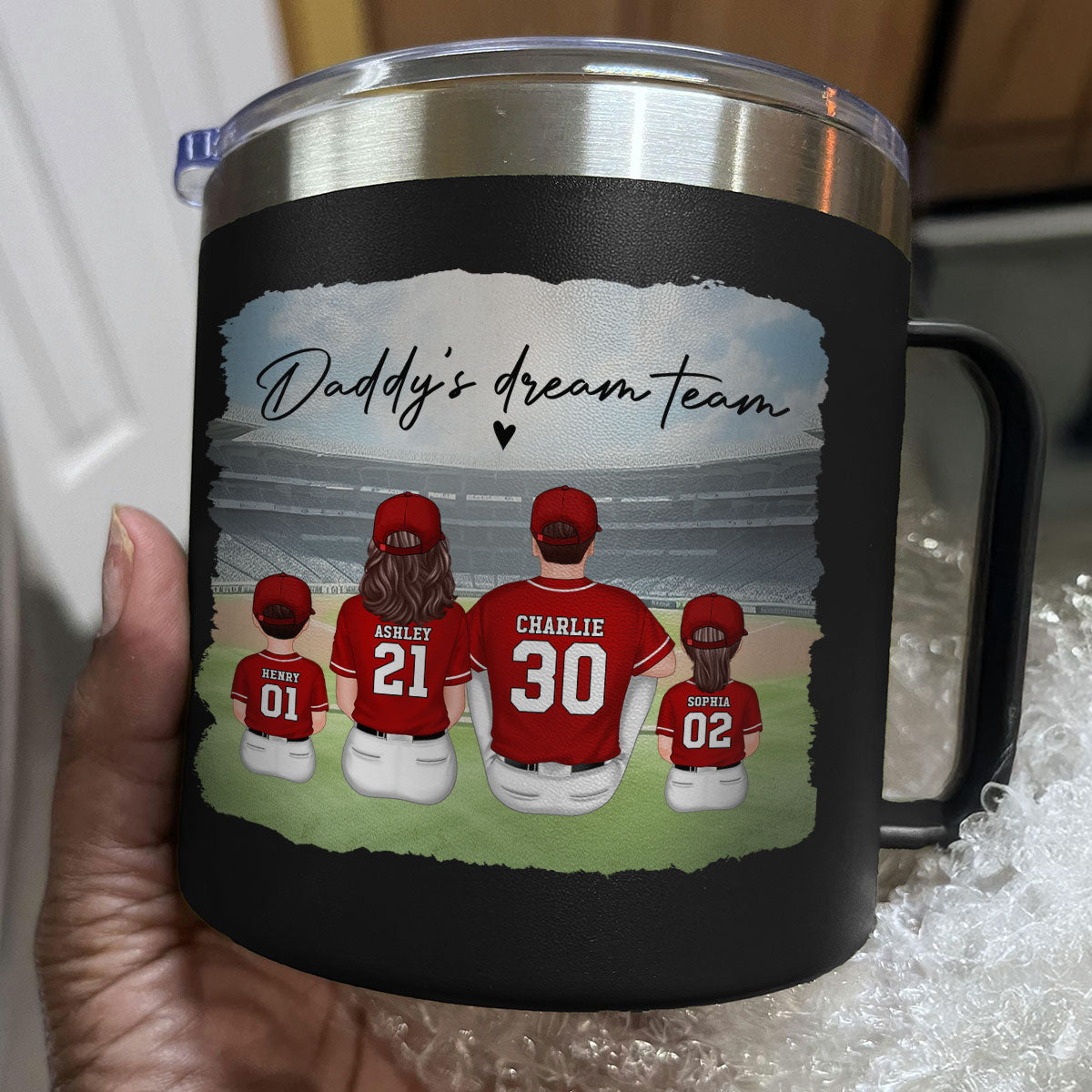 Baseball Daddy's Dream Team Personalized Stainless Steel Tumbler With Handle, Unique 2025 Father's Day Gift For Dad