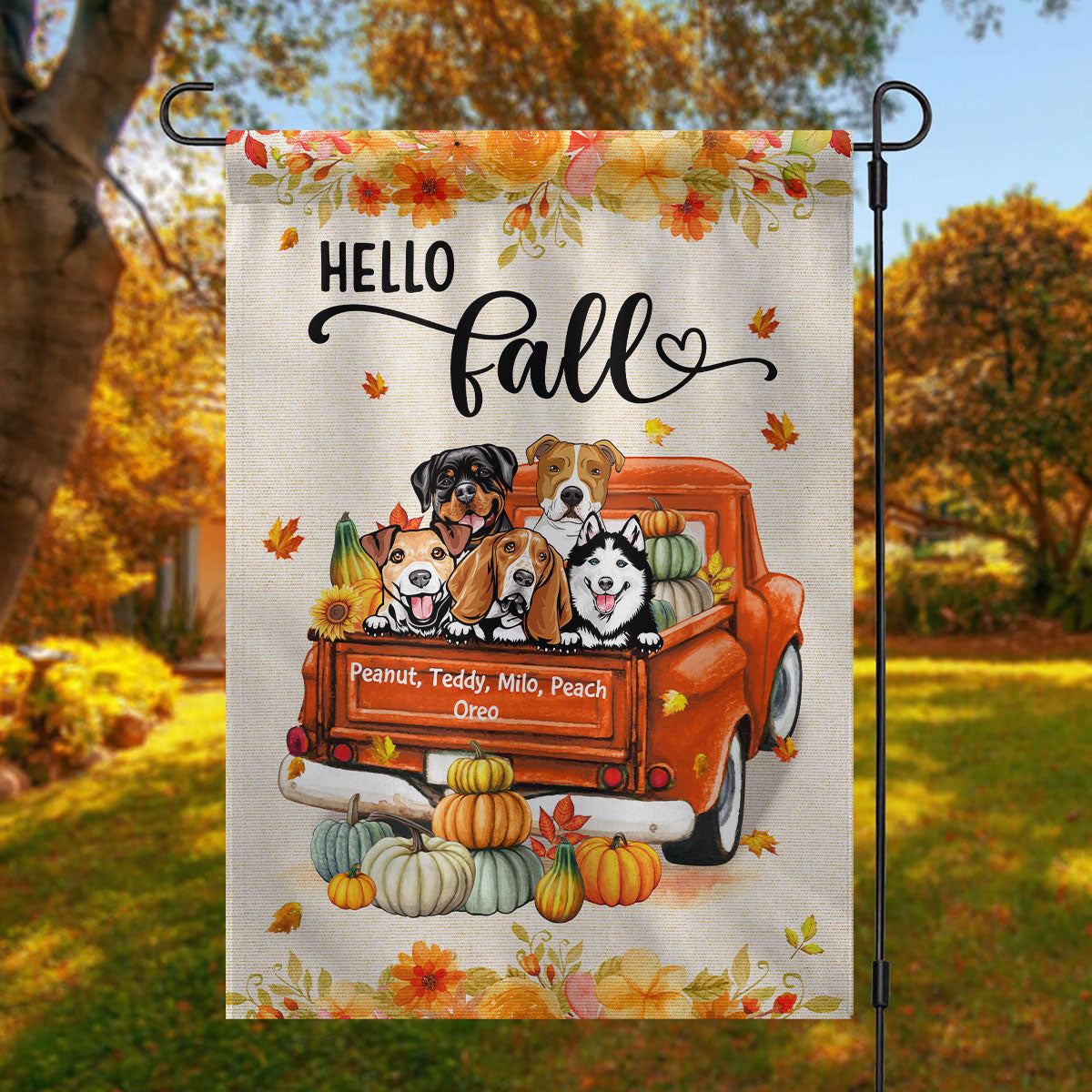 Hello Fall Dogs And Cats On Truck - Personalized Garden Flag