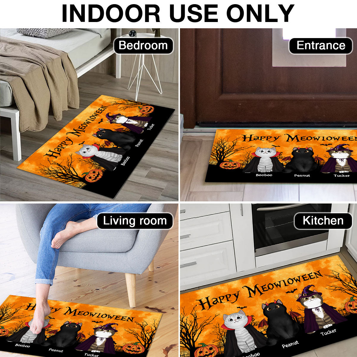 Happy Meowloween Halloween Moon Light Bat Tree Spooky Cat Personalized Doormat, Purrfect Decor for Cat Lover