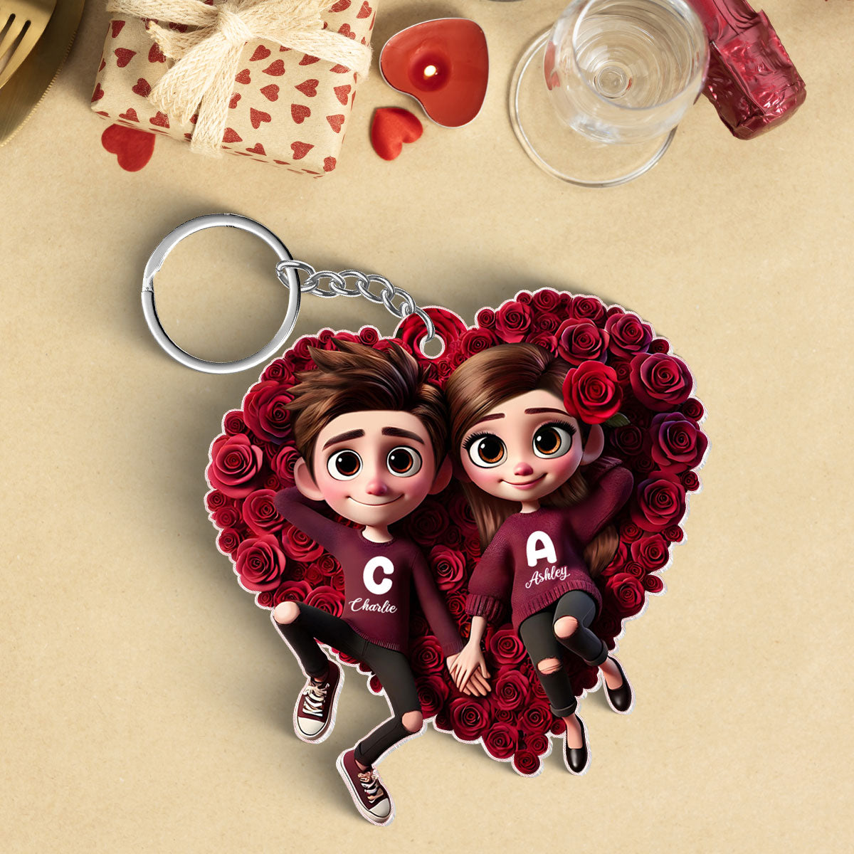 Rose Heart Couple Personalized Acrylic Keychain,  Gift for her, Gift for him