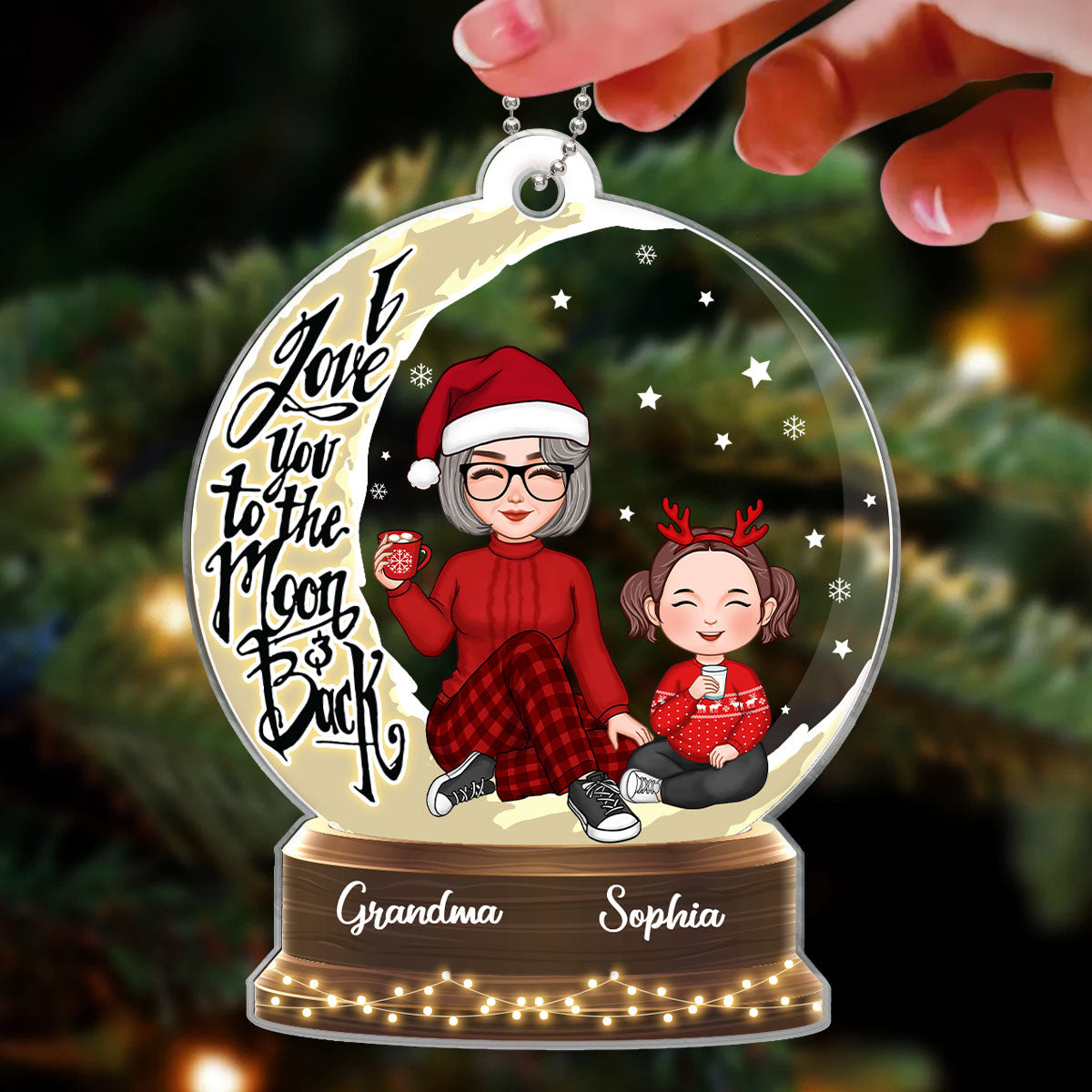 Snow Globe Cute Grandma Grandkid On Moon Personalized Acrylic Ornament