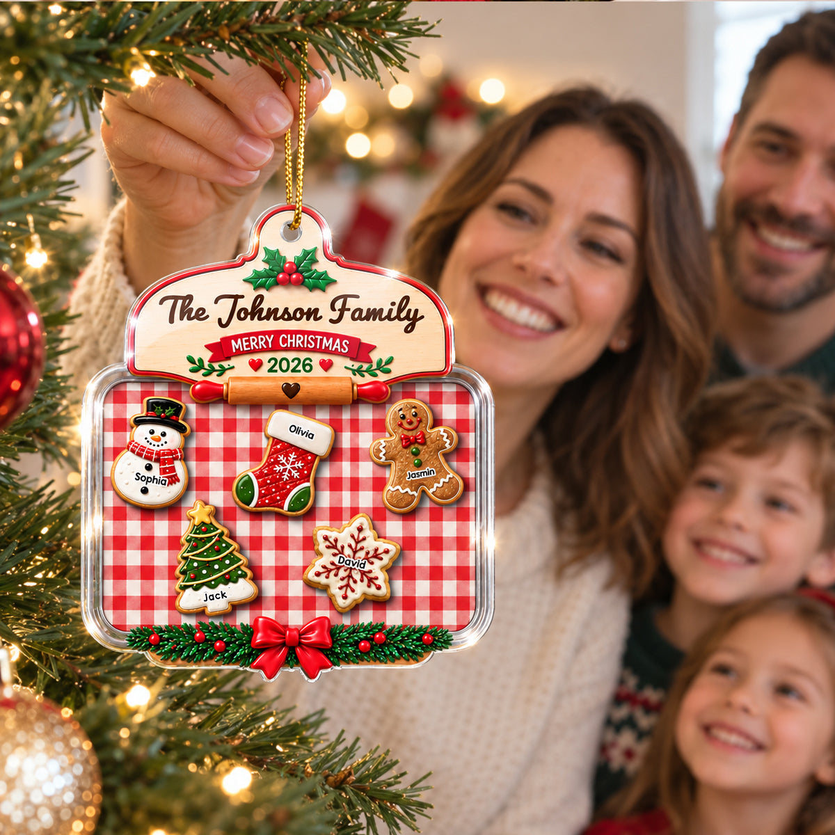 Family Cookie Plaid Pattern - Personalized Acrylic Ornament - Christmas Gift for Children