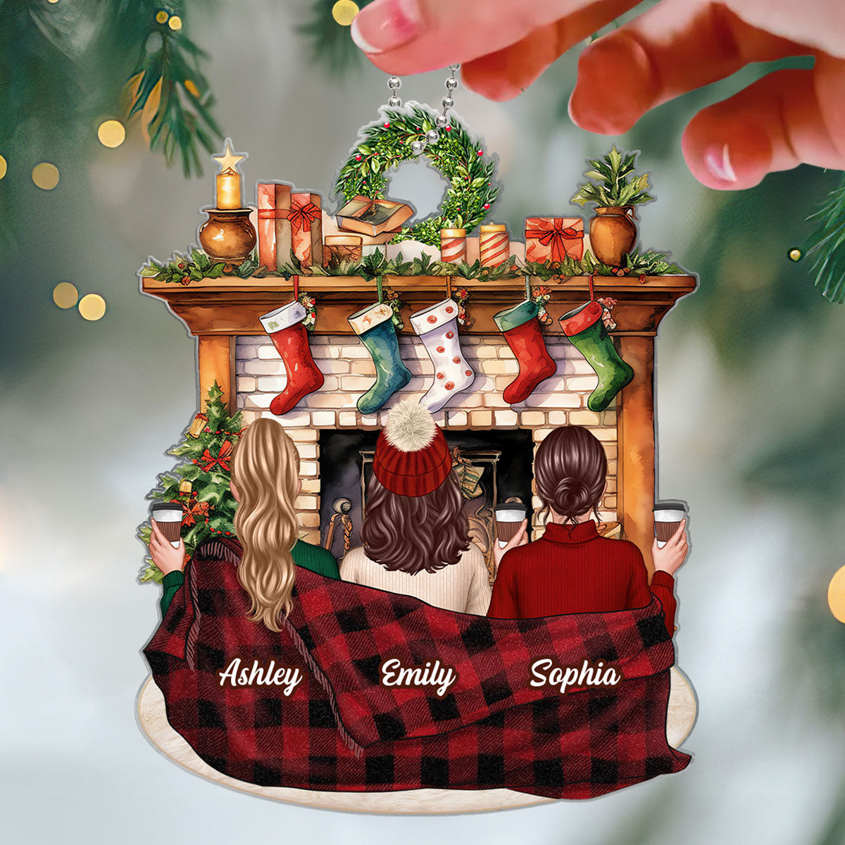 Besties Sisters Sitting Front Fireplace Personalized Acrylic Ornament