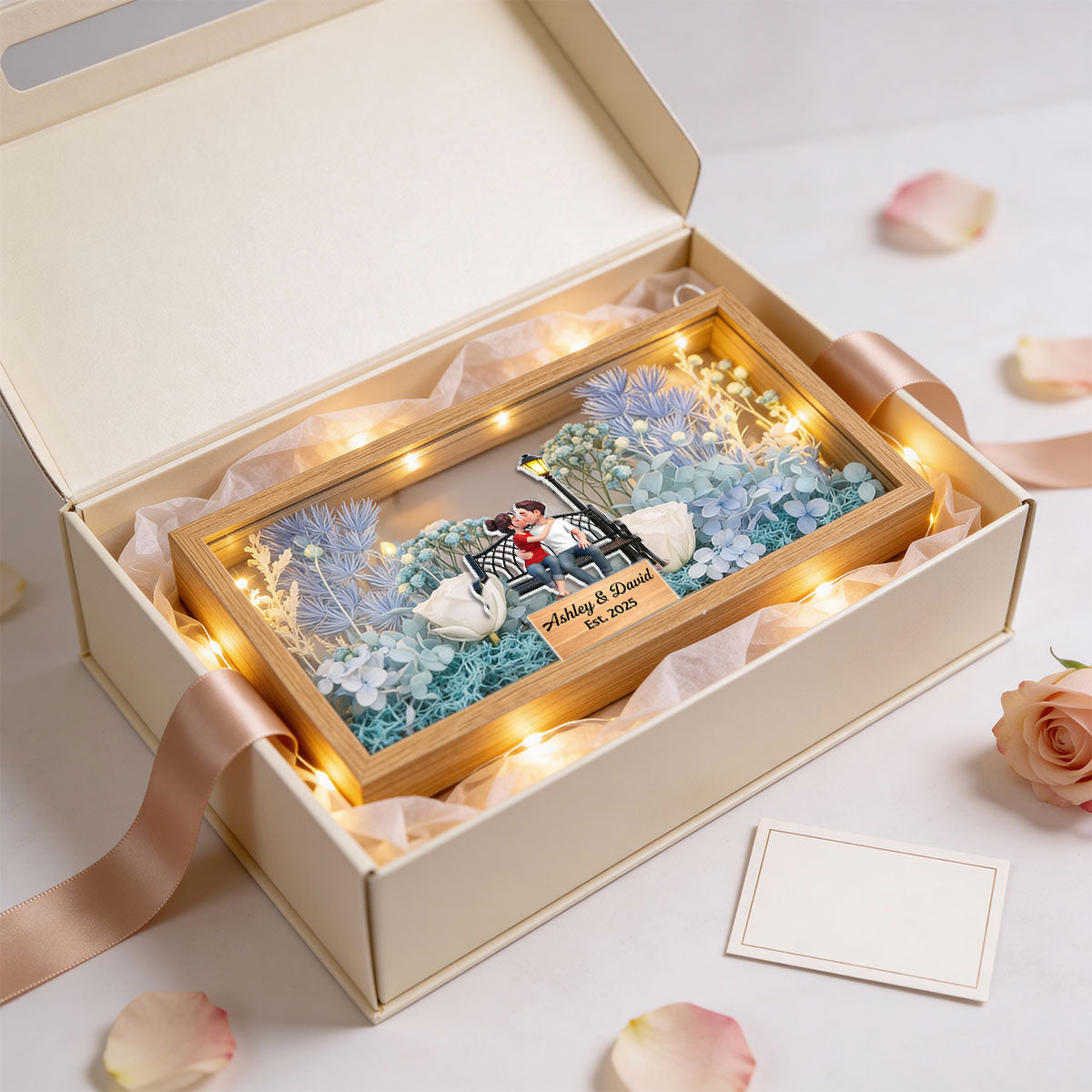 Eternal Love Couple Sitting Kissing - Personalized DIY Flower Shadow Box LED Night Light - Gift For Couple, For Him, For Her