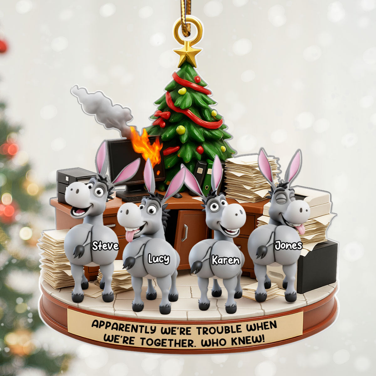 Trouble Together Donkey Coworker Office Decoration - Personalized Acrylic Ornament - Custom Employee Gift Exchange, White Elephant Gift