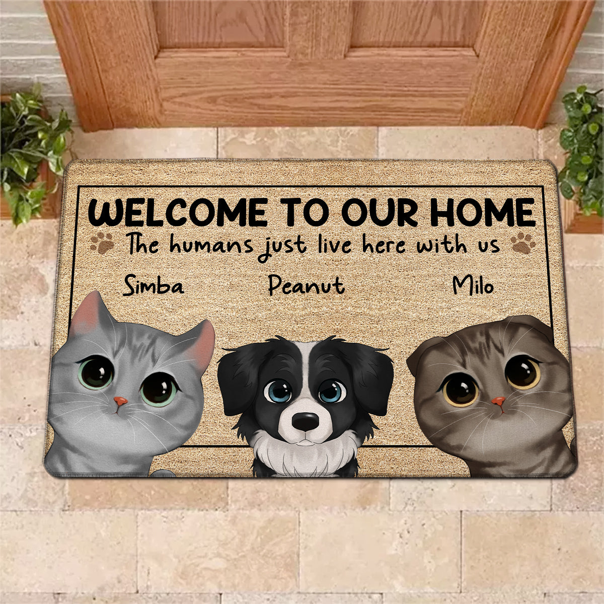 Welcome To Our Home Watercolor Cute Cats Dogs Personalized Doormat