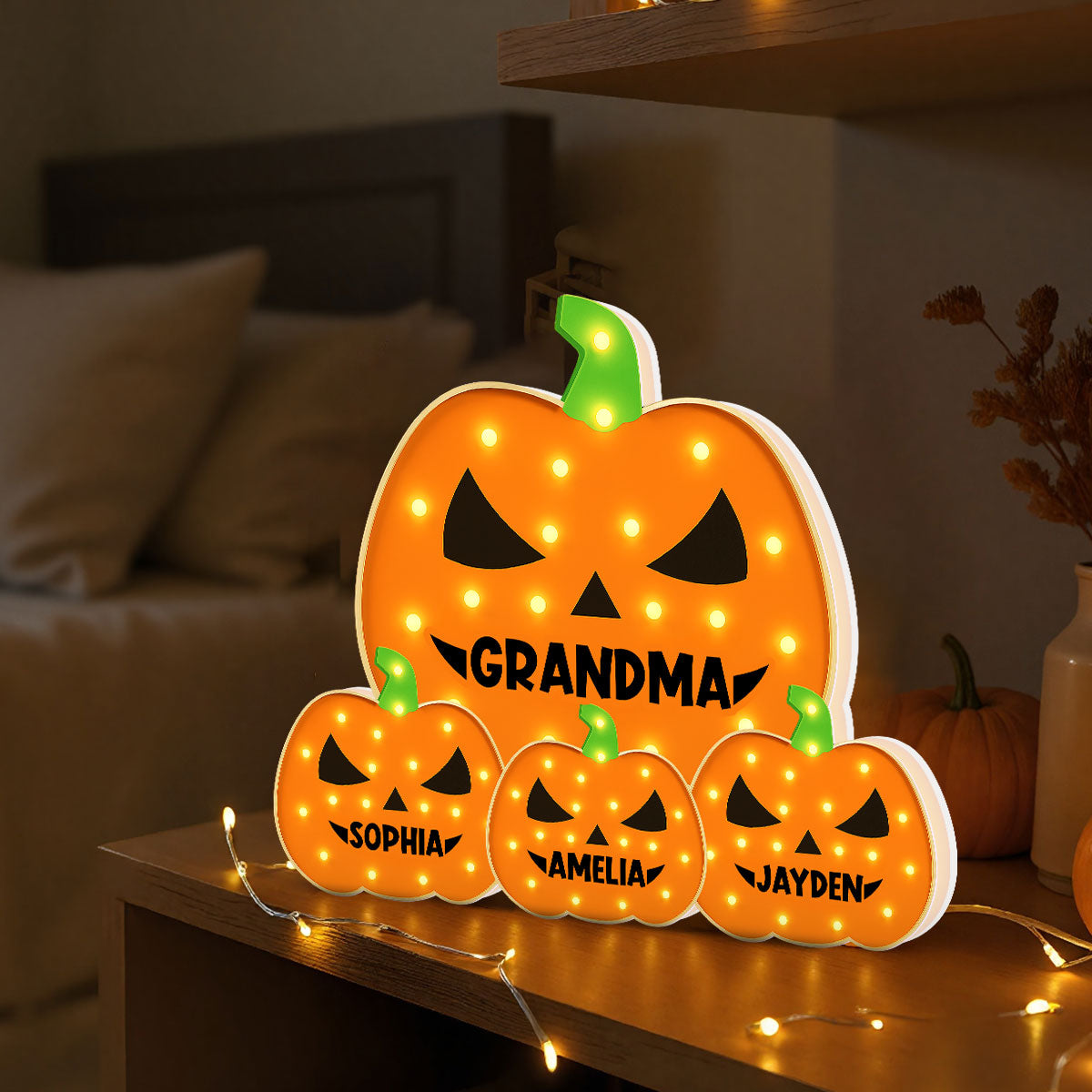 3D Effect Marquee Pattern Halloween Grandma And Grandkids Pumpkins - Personalized Light Box - Gift For Grandmas