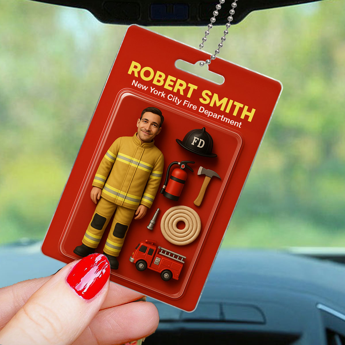 3D Effect Firefighter Custom Figure Personalized Flat Acrylic Car Hanger