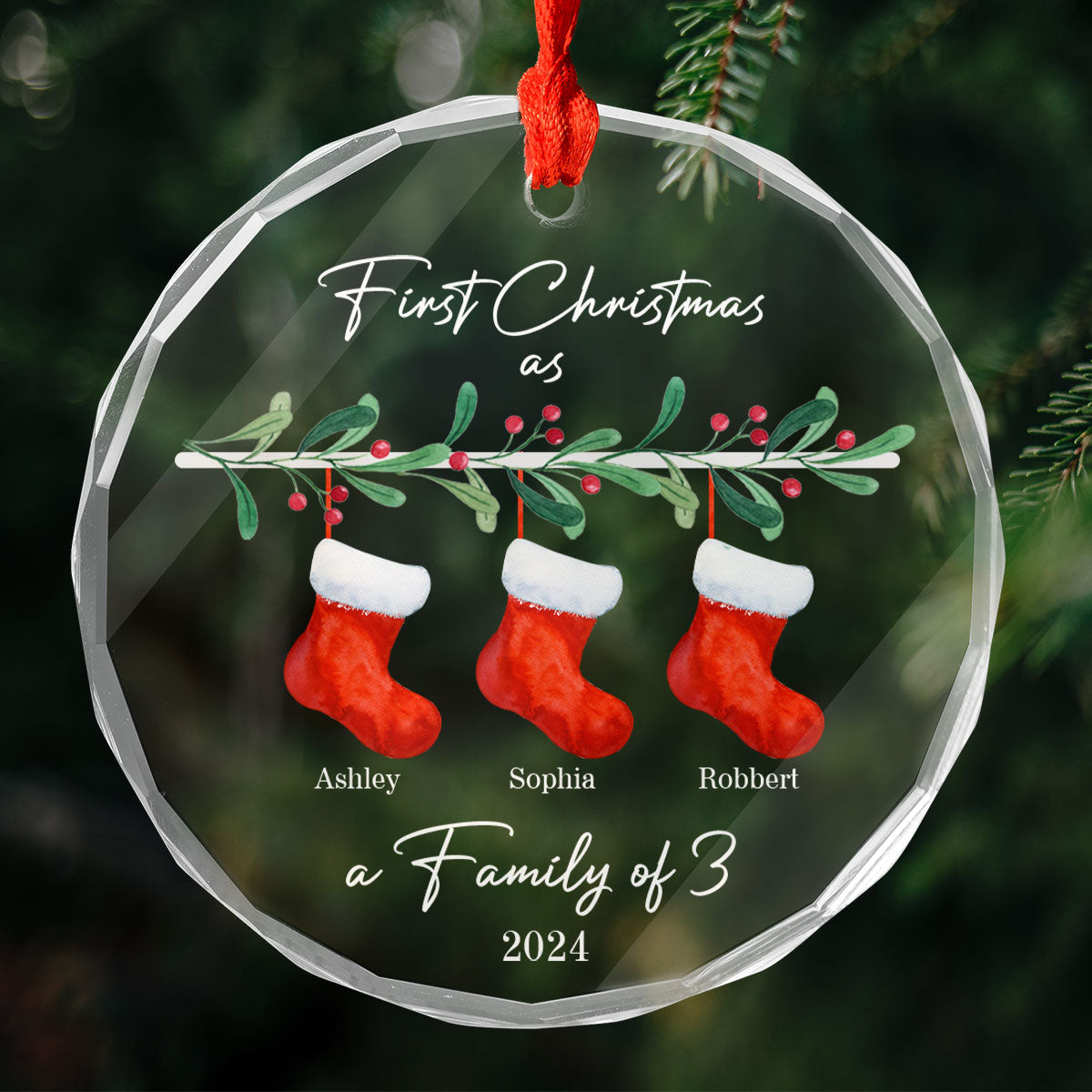 First Christmas As Family Of 3 Personalized Glass Ornament, Baby New Born, Christmas Gift For New Mom, New Dad
