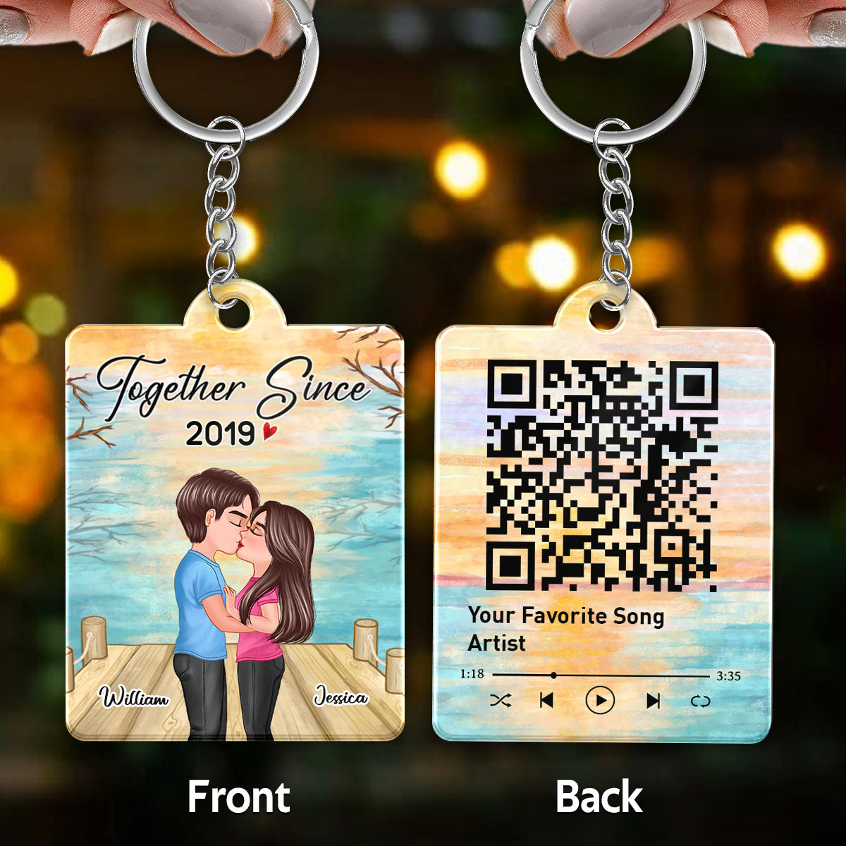 Lake View Couple Kissing Favorite Song QR Code Personalized Acrylic Keychain