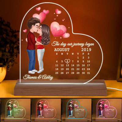 Doll Couple Kissing Calendar Anniversary Date Personalized Heart Shaped Acrylic Plaque With LED Night Light - Anniversary Gift For Couple - Gift For Him, Gift For Her
