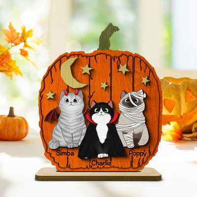 Halloween Cat Pumpkin Shaped - Personalized 2-Layered Wooden Plaque - Gift For Cat Lovers