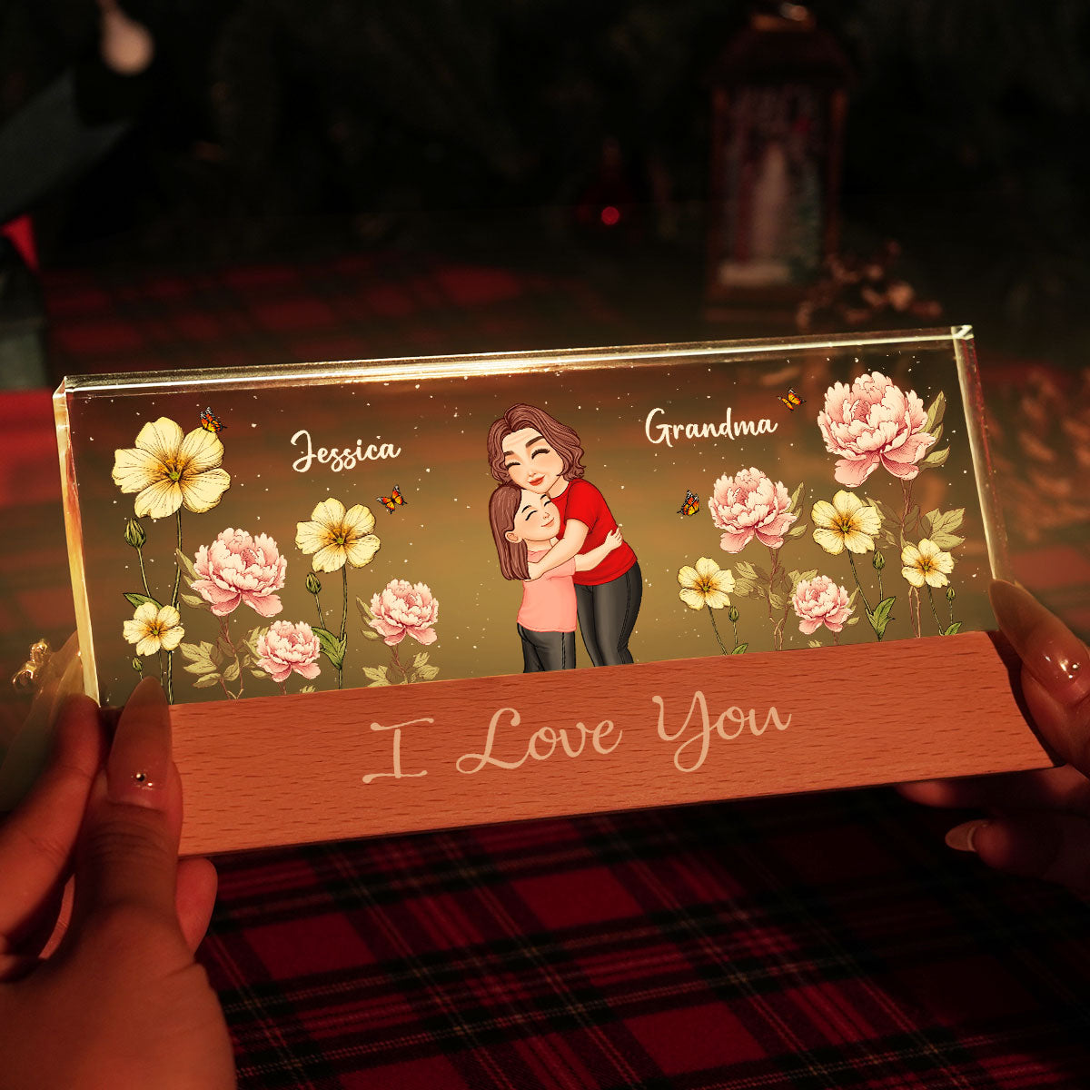 Grandma Hugging Grandkid Birth Month Flower Personalized Acrylic Block LED Night Light, Heartfelt Gift For Grandma, Grandkids