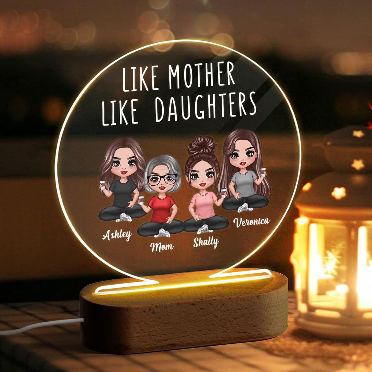 Like Mother Like Daughters Doll Mom And Daughters Sitting Gift For Mom Daughters Personalized Circle Acrylic Plaque LED Night Light