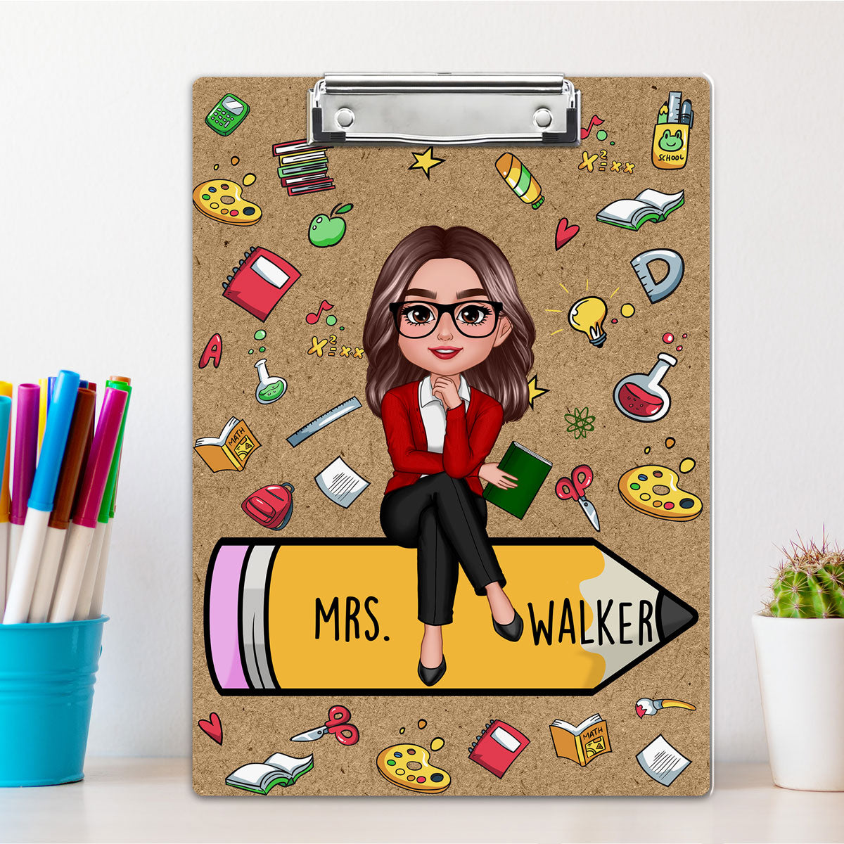 Teacher Sitting On Pencil School Things Personalized Clipboard, Gift For Teacher, Teacher Appreciation Gift, Back To School Gift