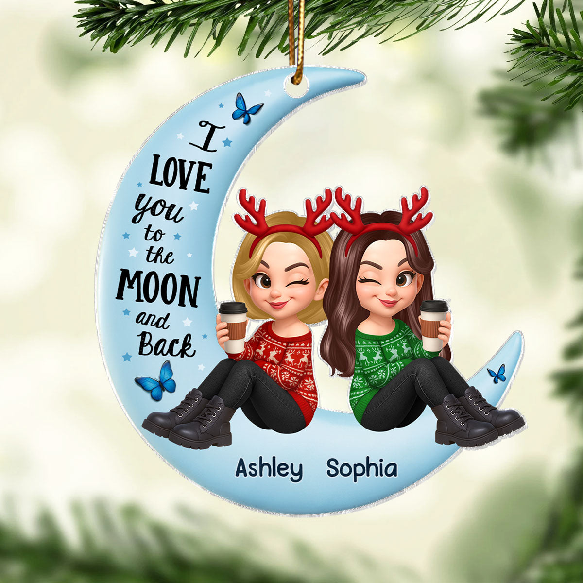 Christmas Besties Sisters Sitting On Moon 3D Effect Personalized Acrylic Ornament