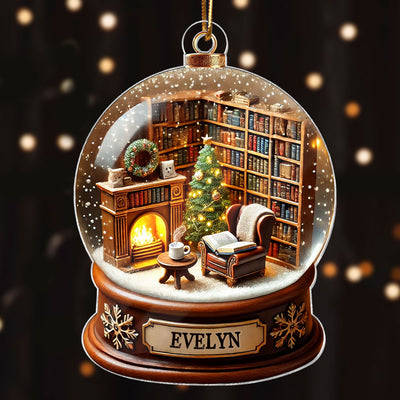 Book Lover Room 3D Effect Snow Globe Christmas Book Club Gift Book Reader Personalized Acrylic Flat Ornament
