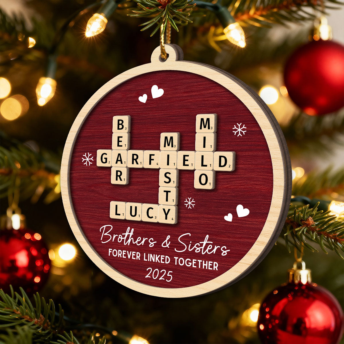 Siblings Forever Linked Together Crossword Puzzle Art - Personalized 2-Layer Wooden Ornament