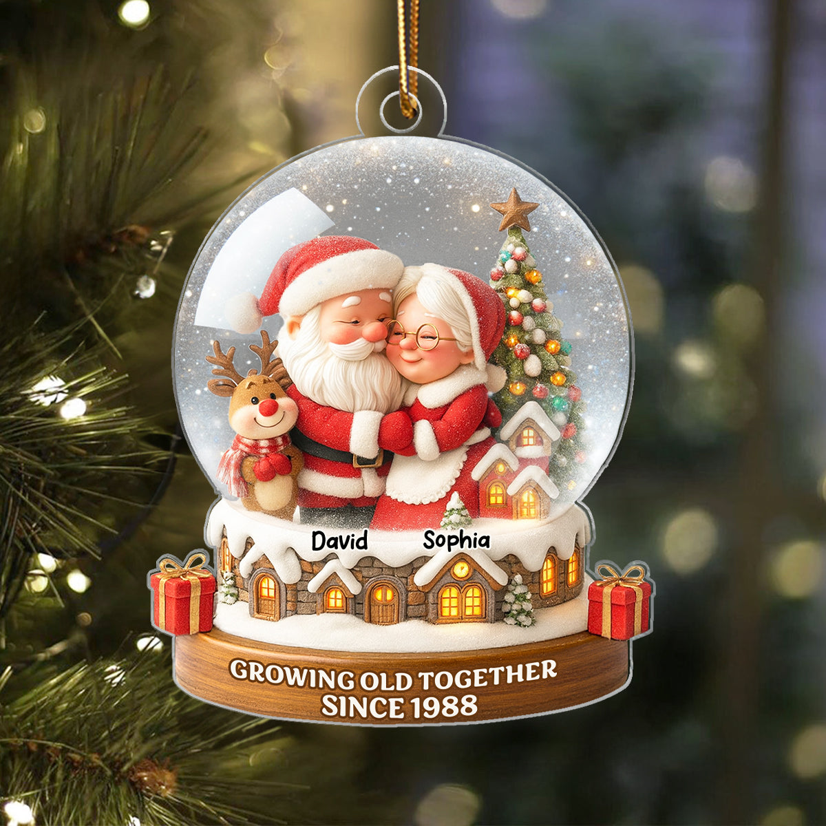 Snow Globe Santa Couple Growing Old Together Personalized Acrylic Ornament, 3D Effect, Christmas Gift for him, Gift for her
