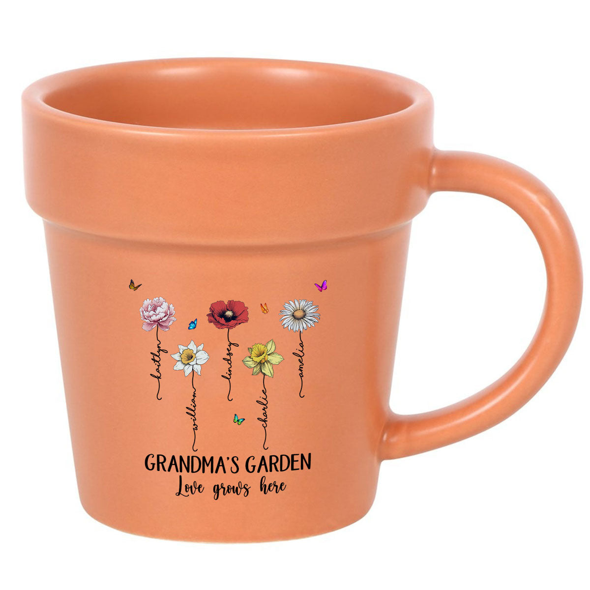 Grandma's Garden Love Grows Here Vintage Birth Month Flower Personalized Plant Pot Ceramic Mug