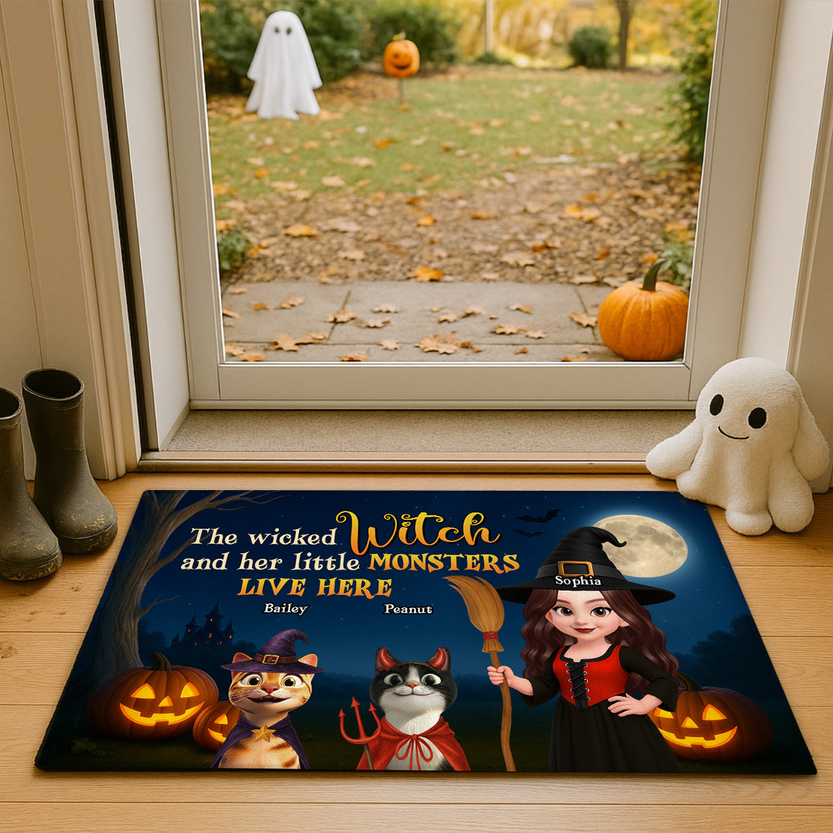 Spooky Halloween Theme Wicked Witch And Monsters Cats Personalized Doormat