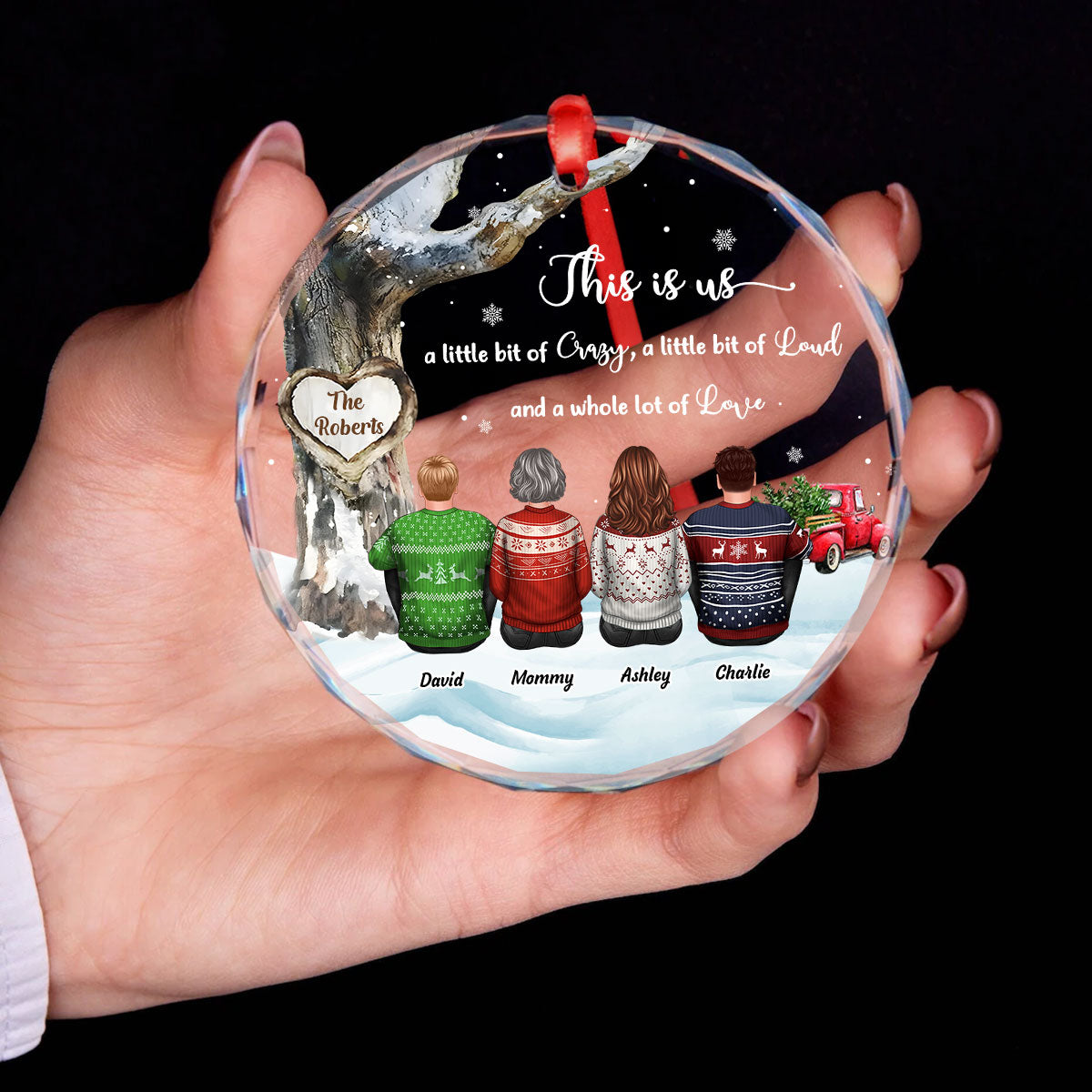 Family Sitting Back View Under Tree Red Truck Winter Personalized Glass Ornament
